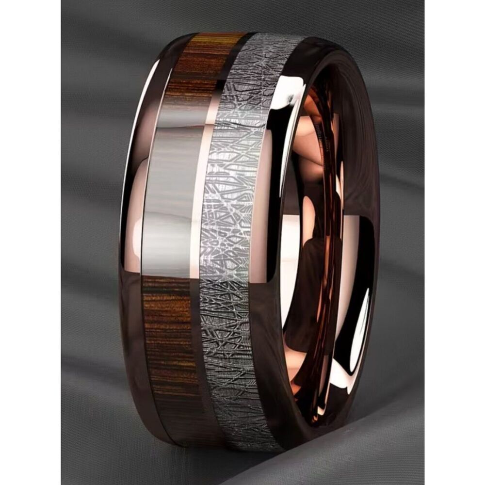 NWT Men's 8mm Rose Gold Stainless Steel Ring Faux Wood Meteorite Inlay Band